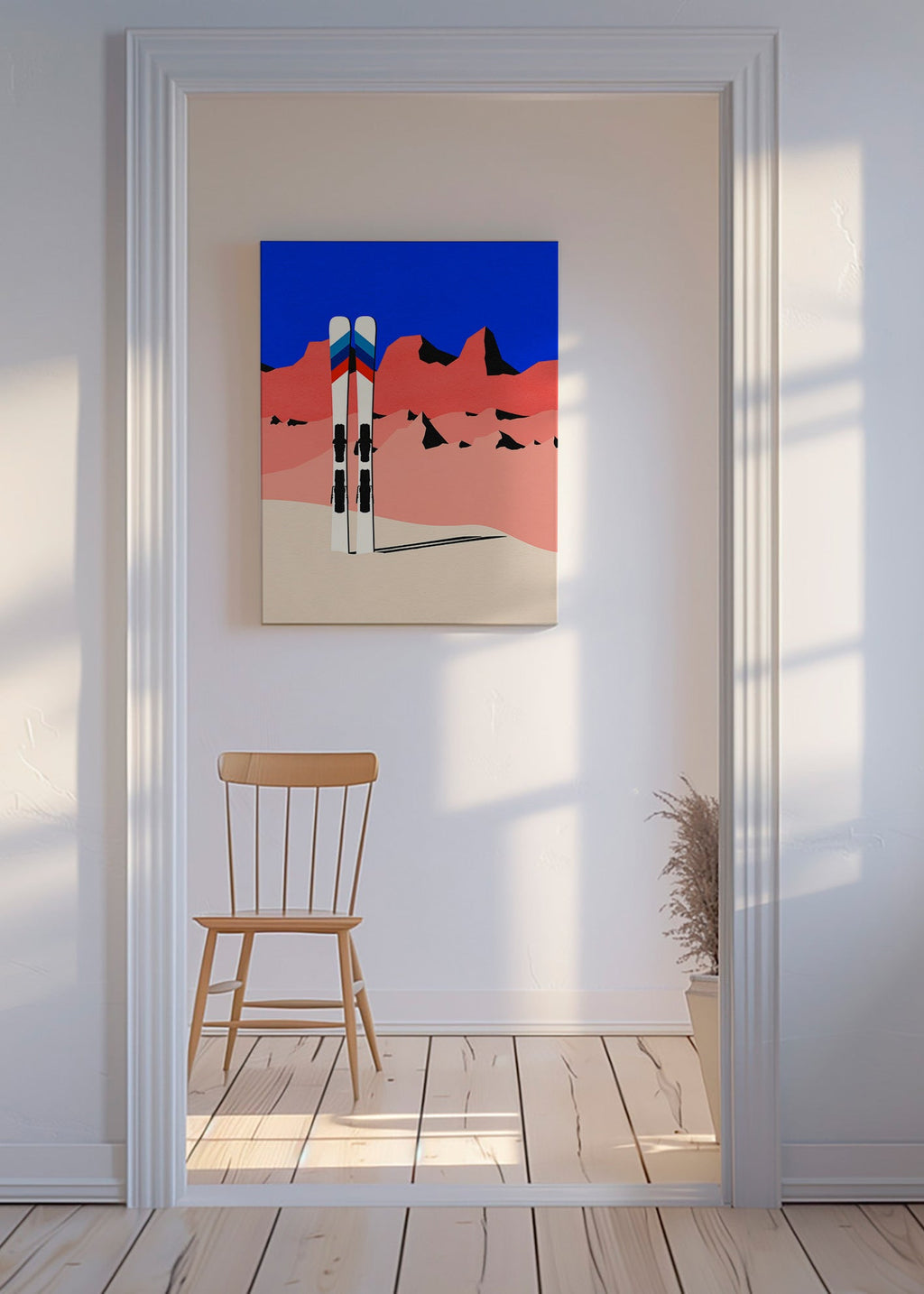 Sportkonst med skidor framför geometriskt bergslandskap – Canvas