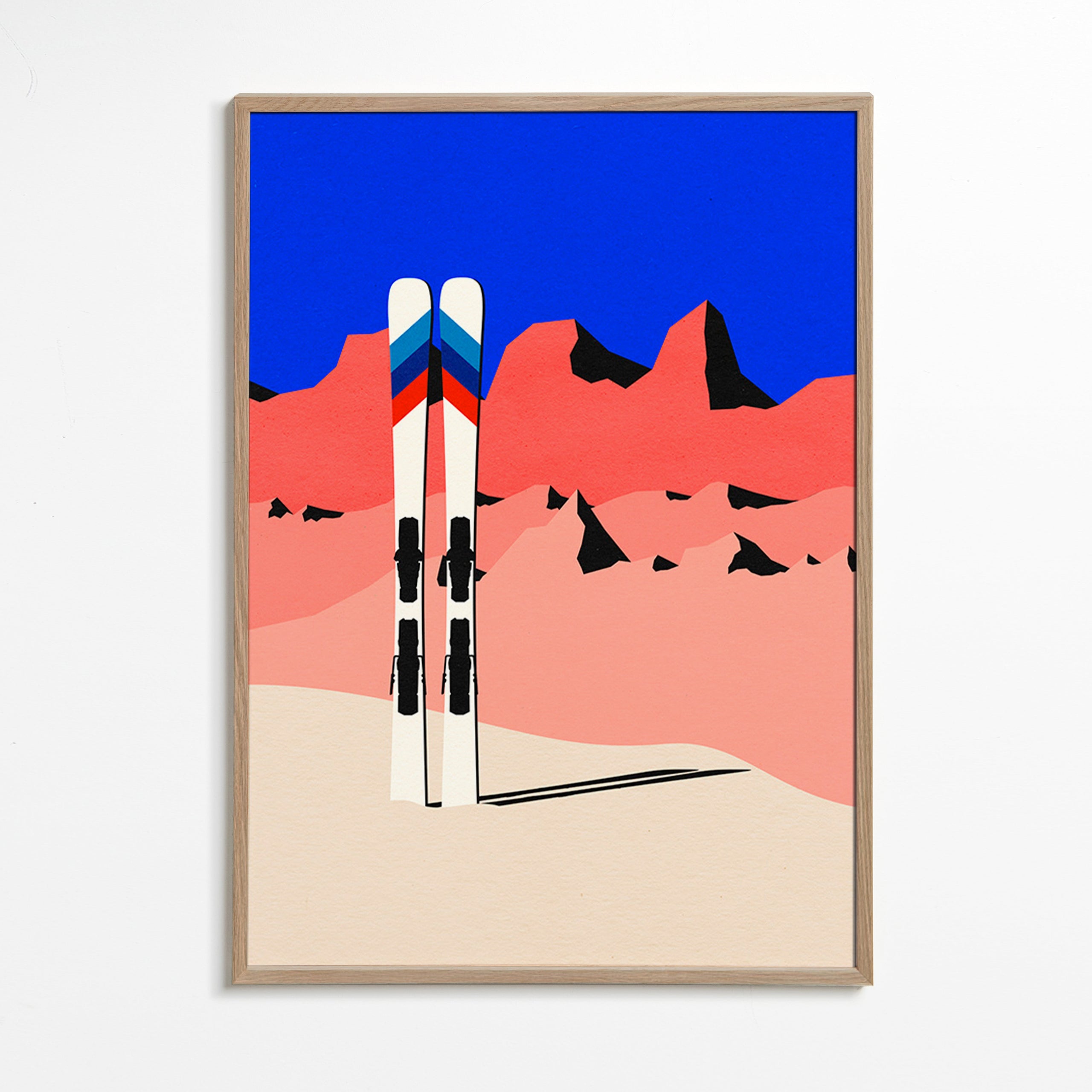 Sportkonst med skidor framför geometriskt bergslandskap – Oak Frame