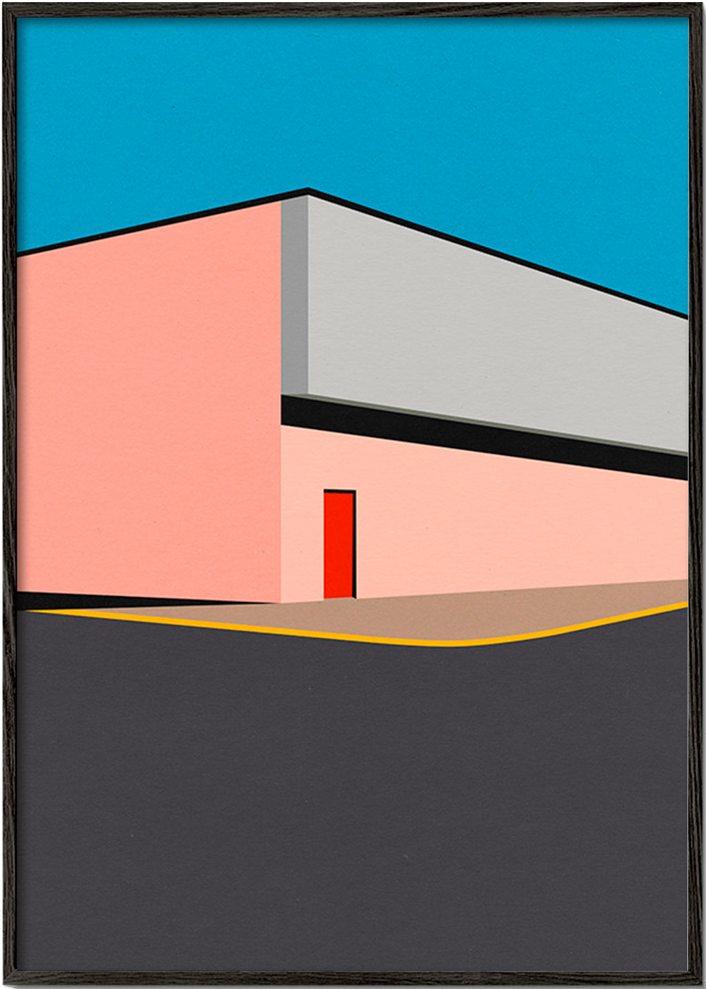 Minimalistisk fasadillustration med röd dörr – Black Frame