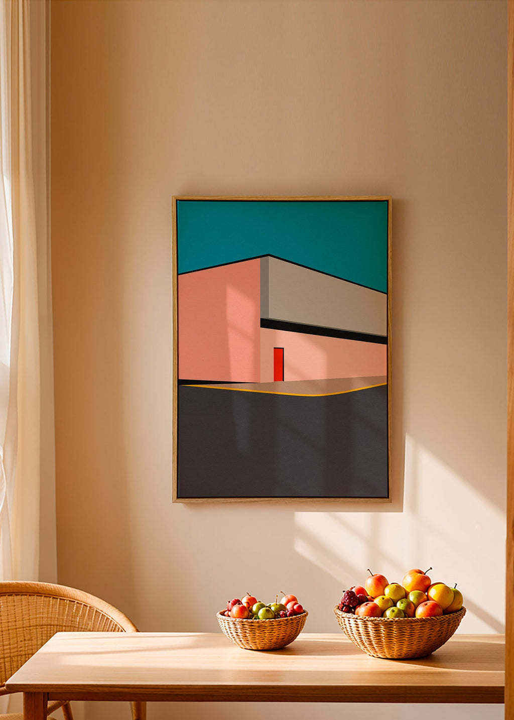Minimalistisk fasadillustration med röd dörr – Canvas1