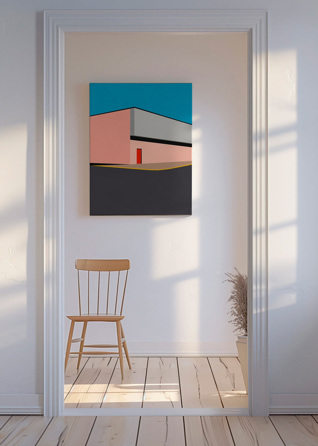 Minimalistisk fasadillustration med röd dörr – Canvas