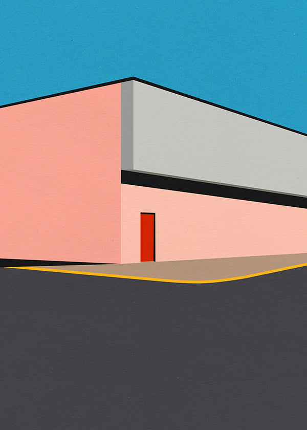 Minimalistisk fasadillustration med röd dörr