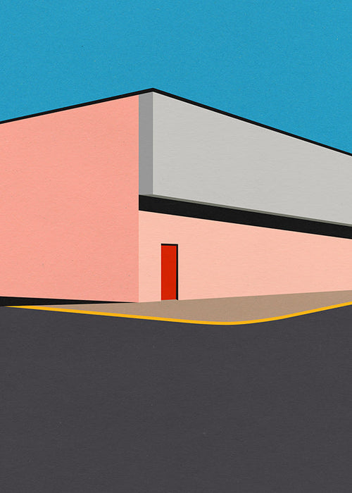 Minimalistisk fasadillustration med röd dörr