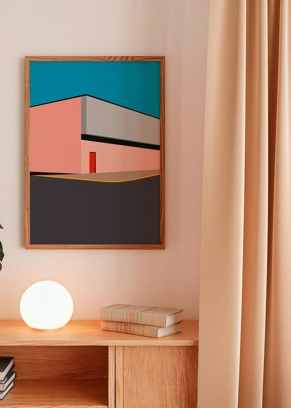 Minimalistisk fasadillustration med röd dörr – Product1