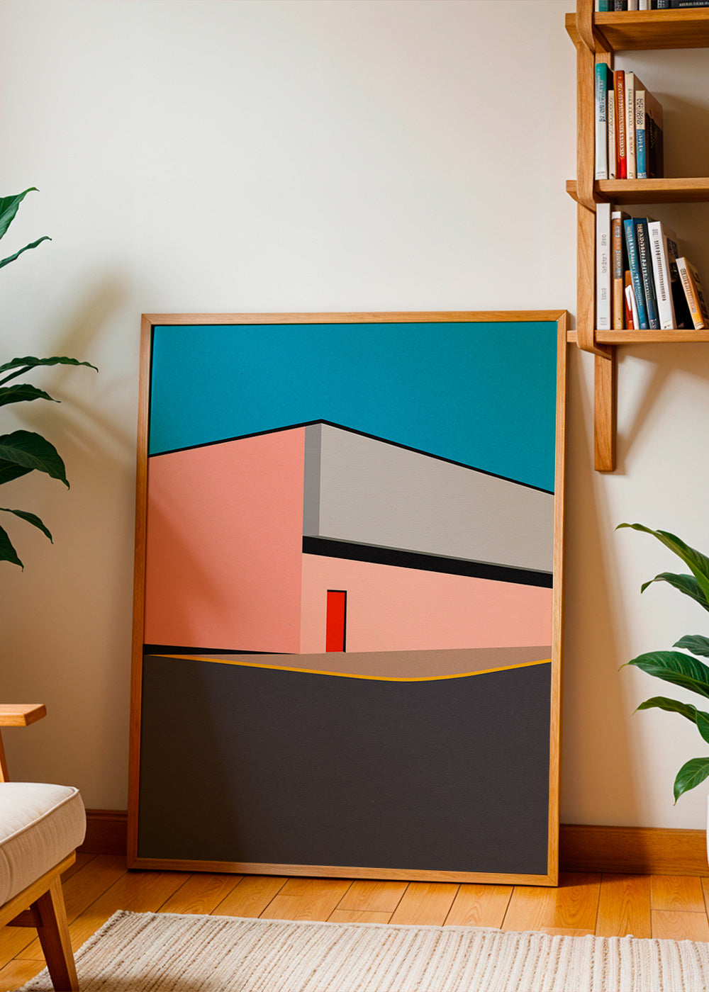 Minimalistisk fasadillustration med röd dörr – Product2