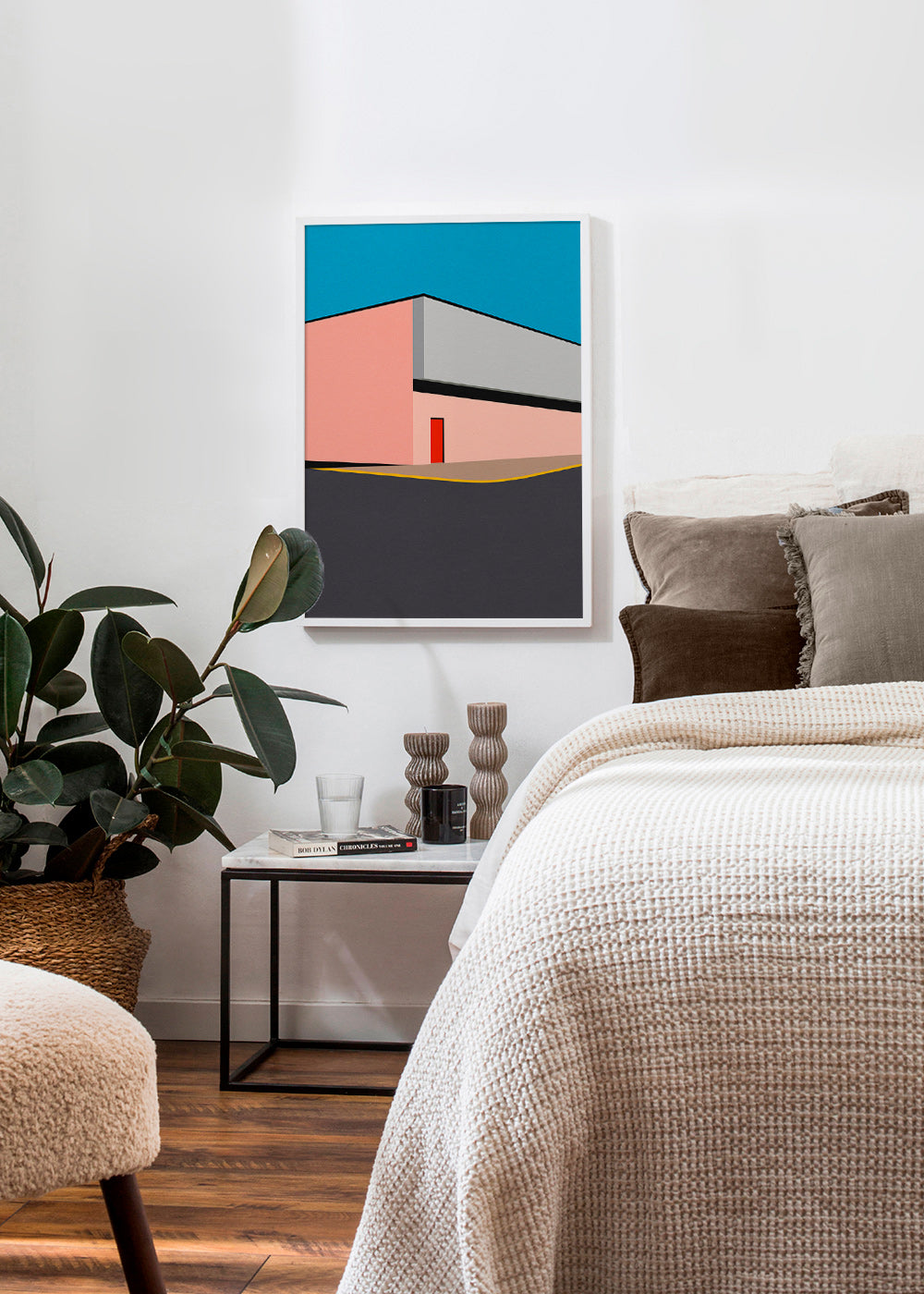 Minimalistisk fasadillustration med röd dörr – Product3