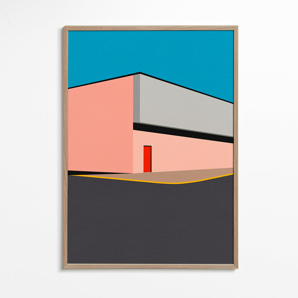 Minimalistisk fasadillustration med röd dörr – Oak Frame