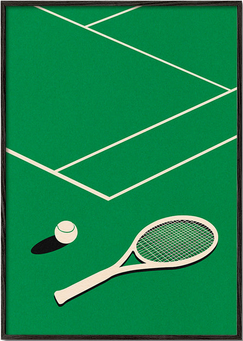 Sportkonst: racket och boll på bana – Black Frame