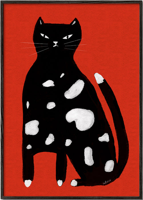 Katt med fläckar på röd bakgrund – Black Frame