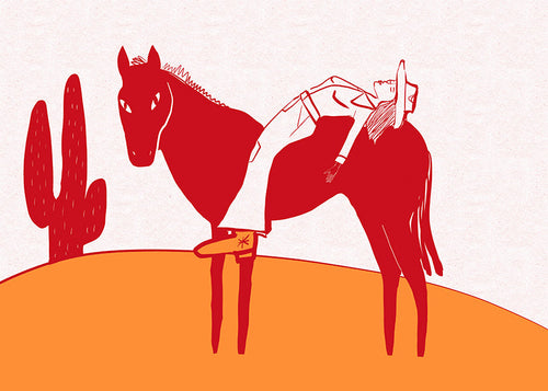 Poster cowgirl vilar på röd häst