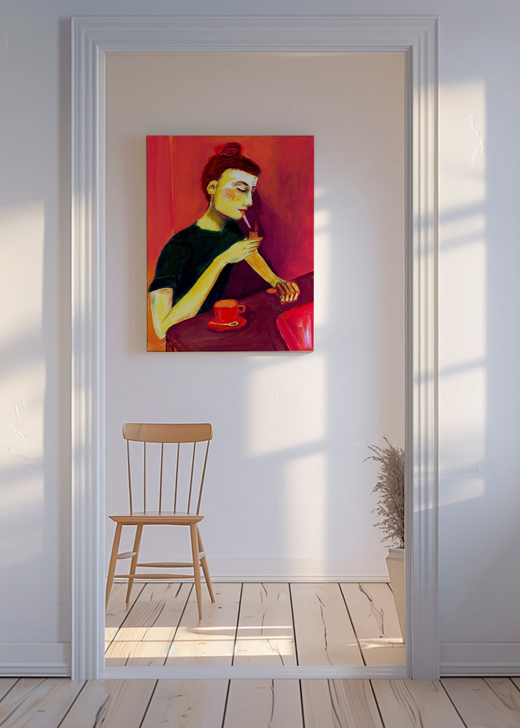 Illustration av kvinna som röker med röd kopp – Canvas