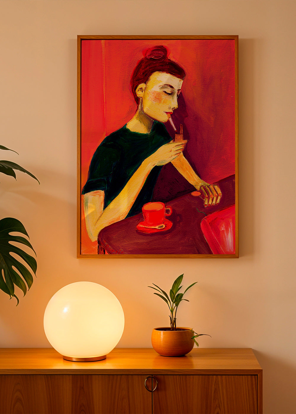 Illustration av kvinna som röker med röd kopp – Product1