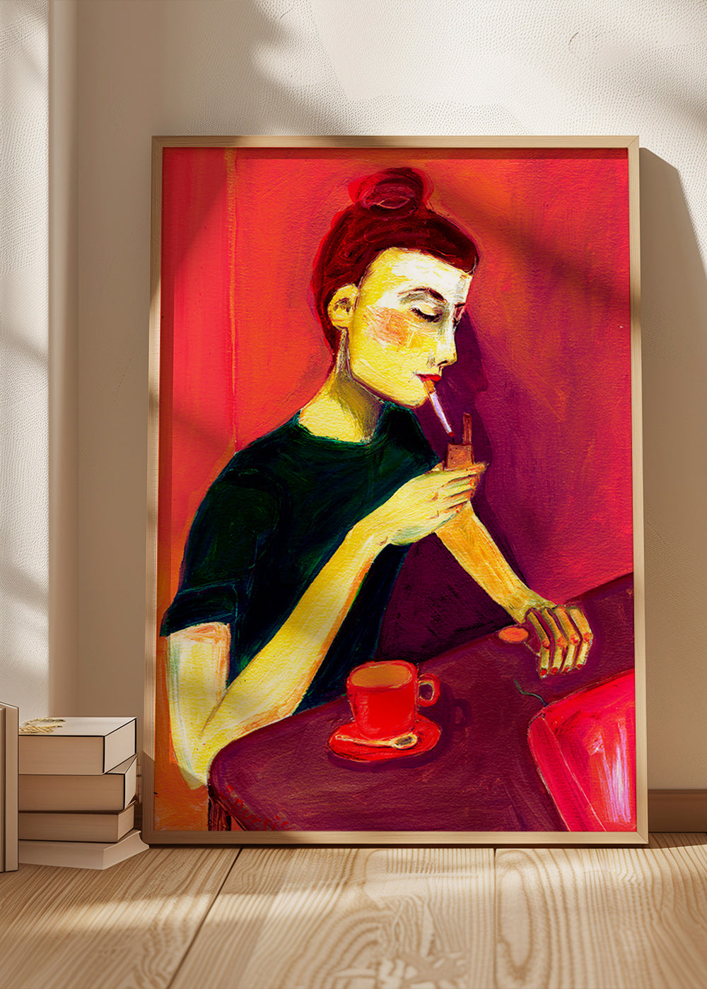 Illustration av kvinna som röker med röd kopp – Product3