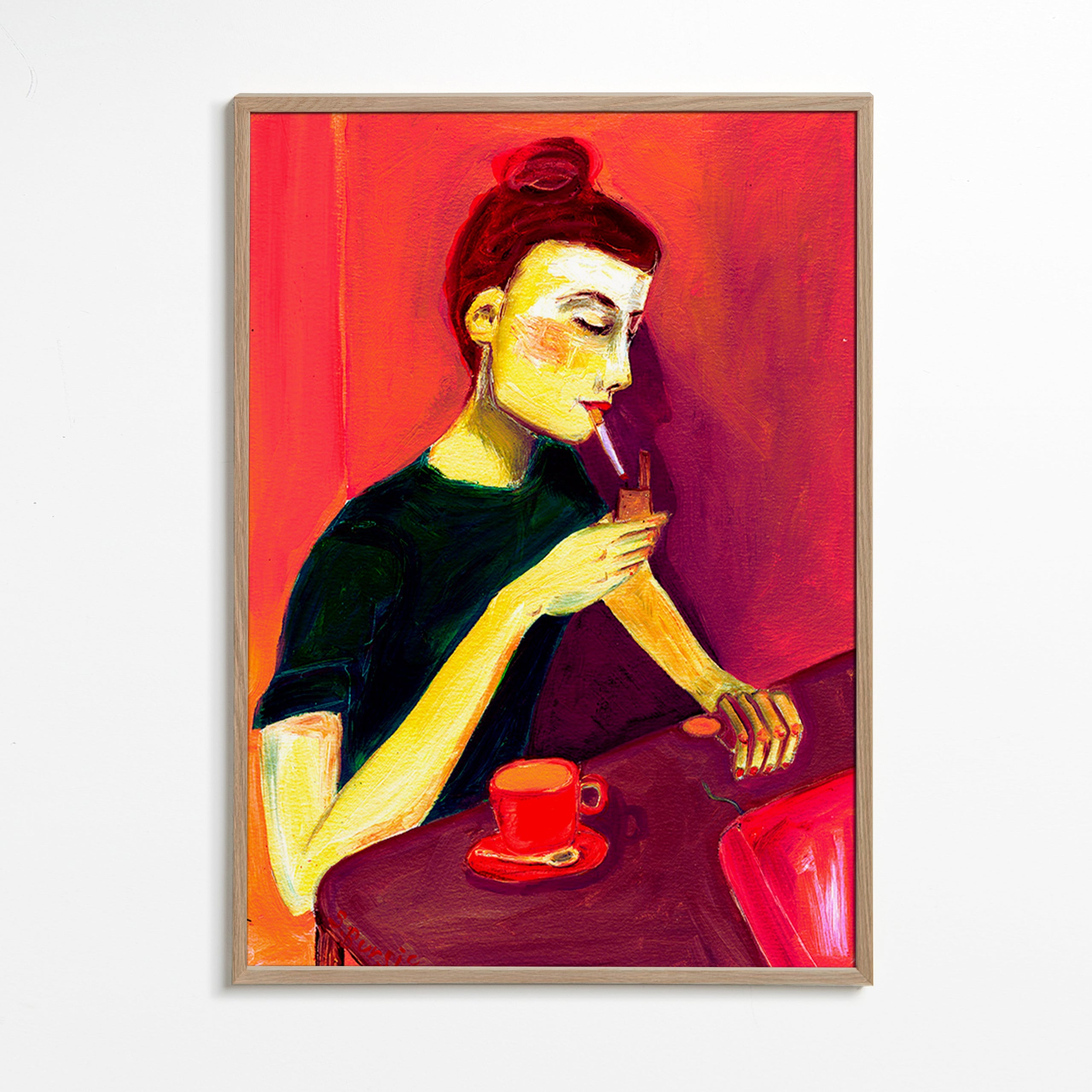 Illustration av kvinna som röker med röd kopp – Oak Frame