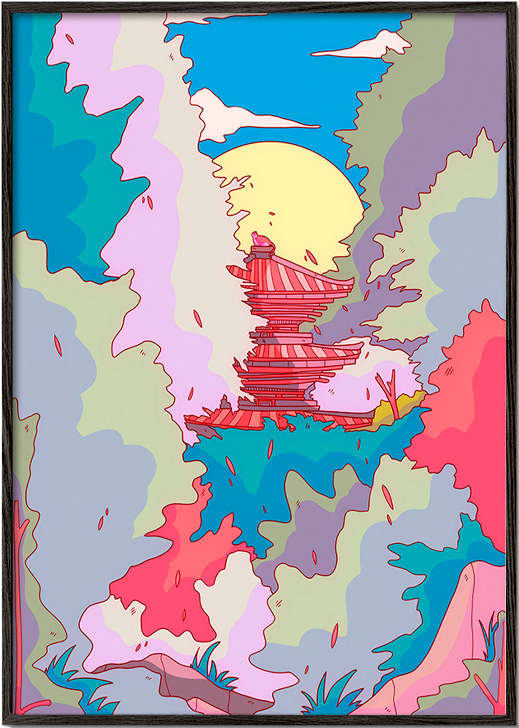 Illustration av japanskt tempel i livfulla färger – Black Frame