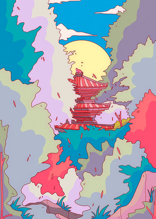 Illustration av japanskt tempel i livfulla färger