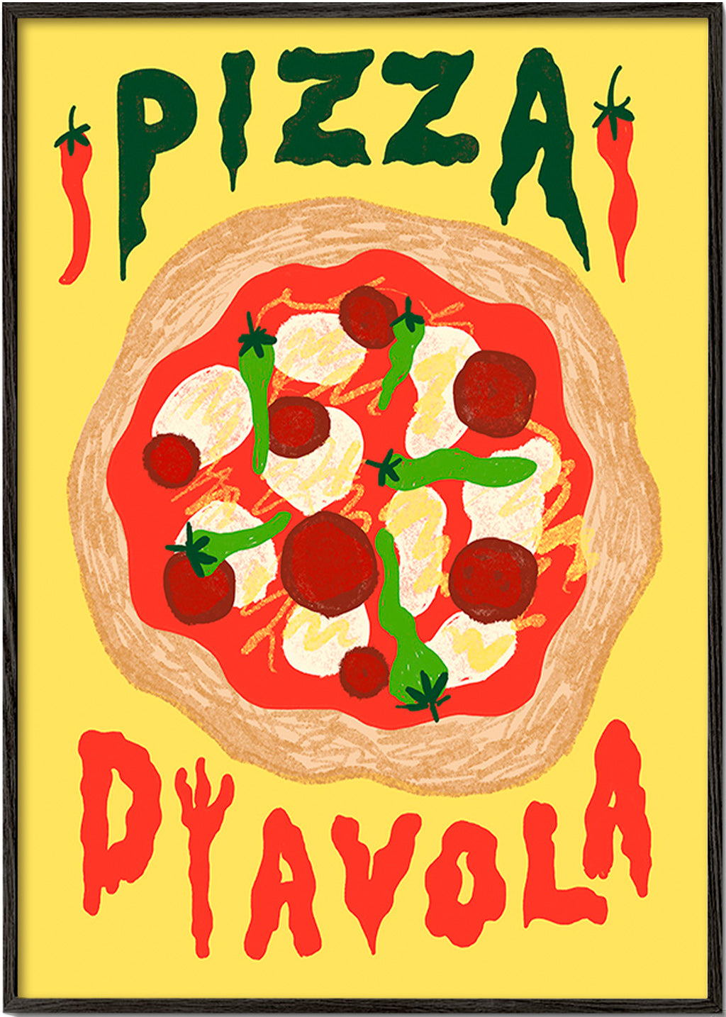 Kökskonst: Pizza Diavola illustration – Black Frame