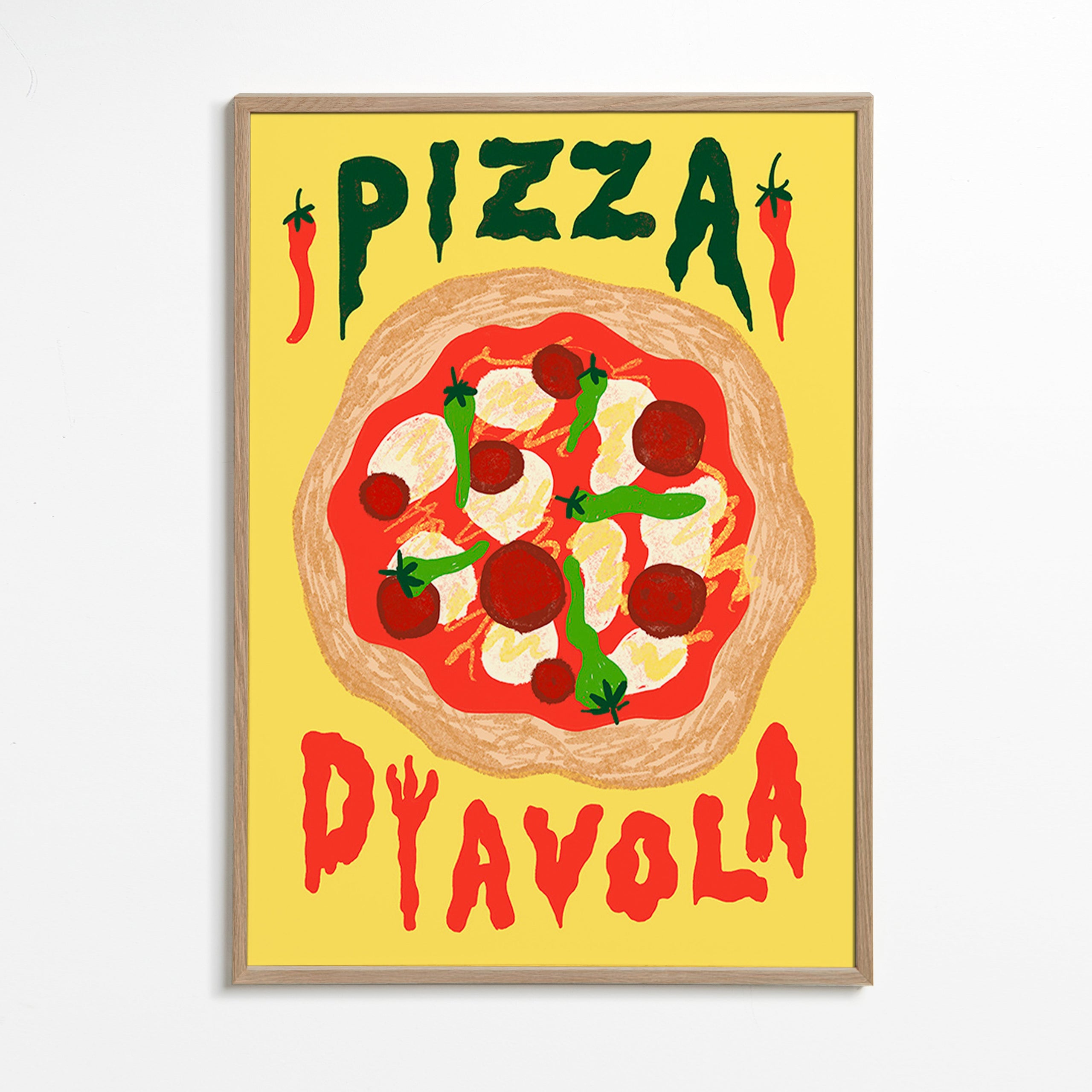 Kökskonst: Pizza Diavola illustration – Oak Frame