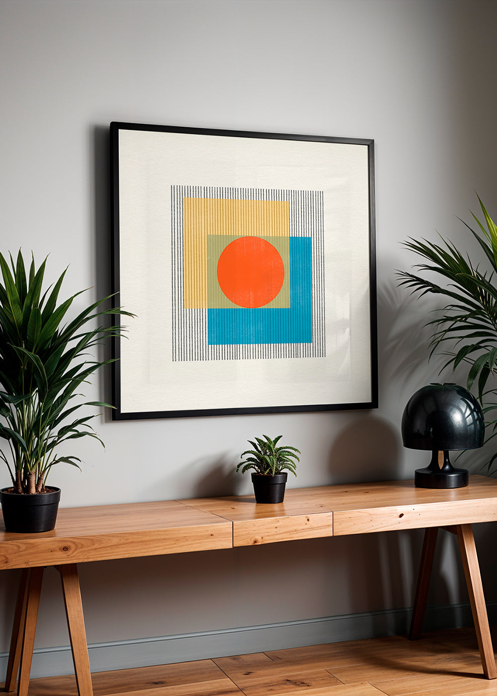 Geometrisk poster med central cirkel och överlappande rutor – Product1
