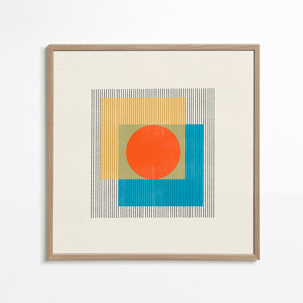 Geometrisk poster med central cirkel och överlappande rutor – Oak Frame