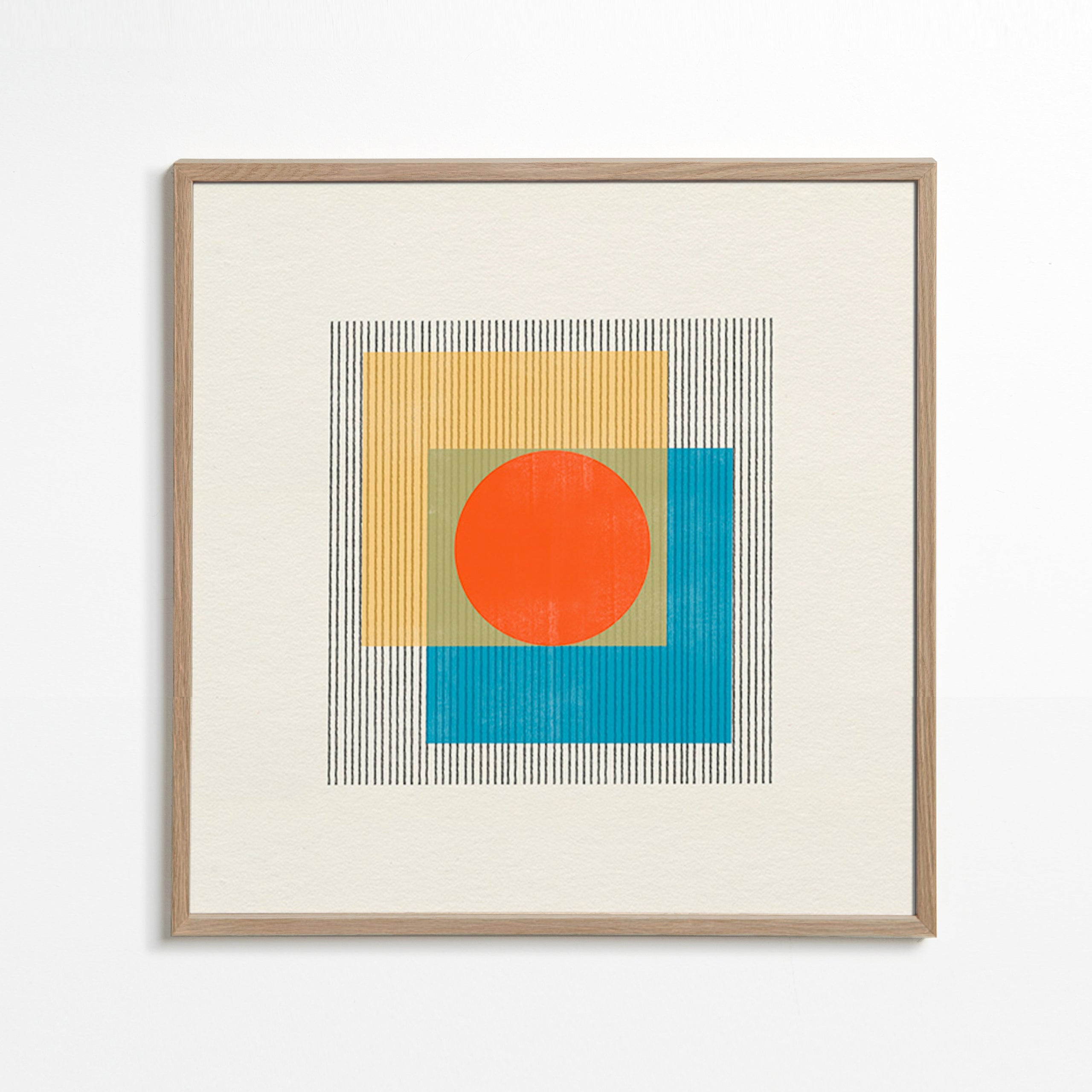 Geometrisk poster med central cirkel och överlappande rutor – Oak Frame
