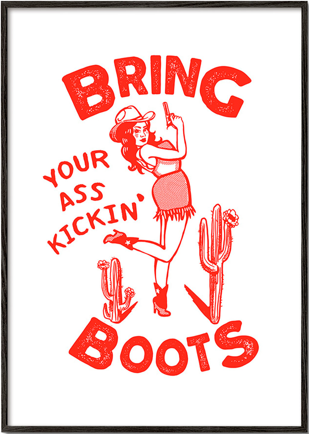 Cowgirl-illustration med humoristisk text – Black Frame