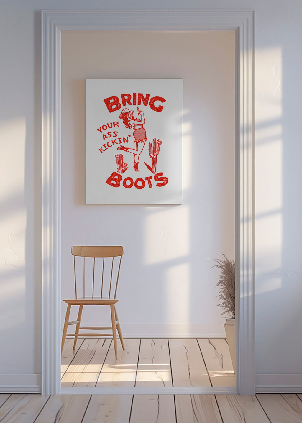 Cowgirl-illustration med humoristisk text – Canvas