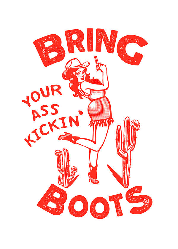Cowgirl-illustration med humoristisk text