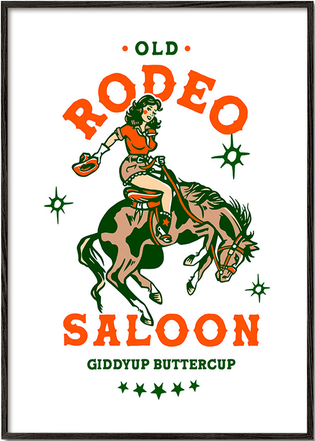 Vintage rodeoposter med illustrerad cowgirl – Black Frame
