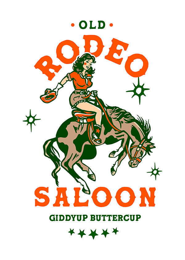 Vintage rodeoposter med illustrerad cowgirl