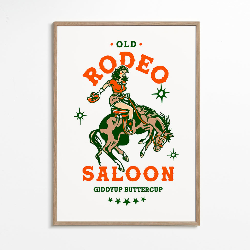 Vintage rodeoposter med illustrerad cowgirl – Oak Frame