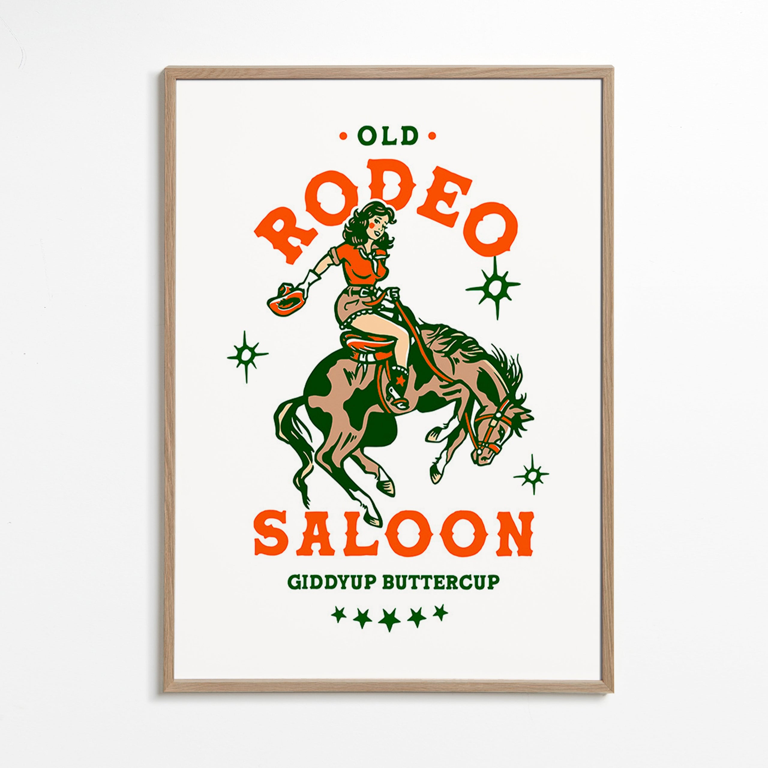 Vintage rodeoposter med illustrerad cowgirl – Oak Frame