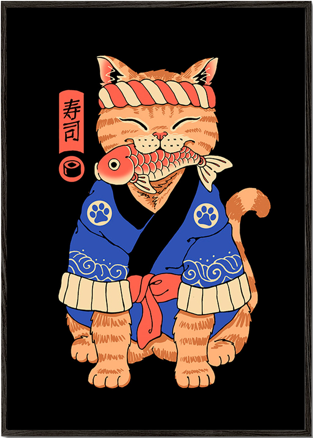 Konstverk: Japansk kattillustration med fisk – Black Frame