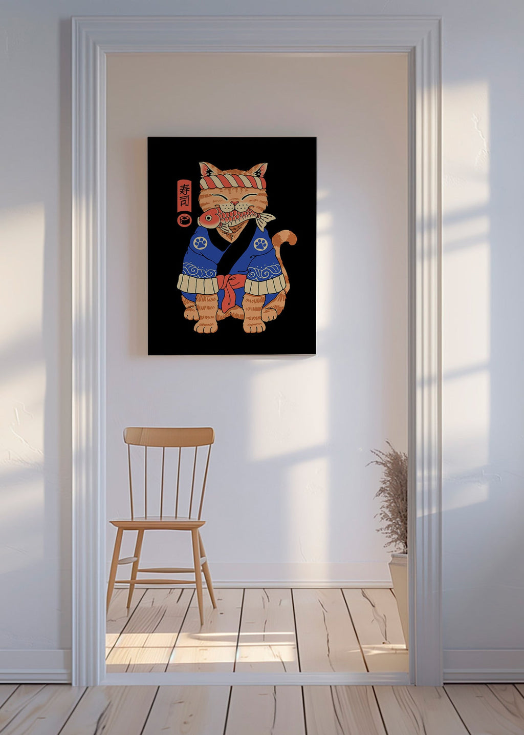 Konstverk: Japansk kattillustration med fisk – Canvas