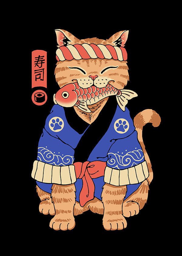 Konstverk: Japansk kattillustration med fisk