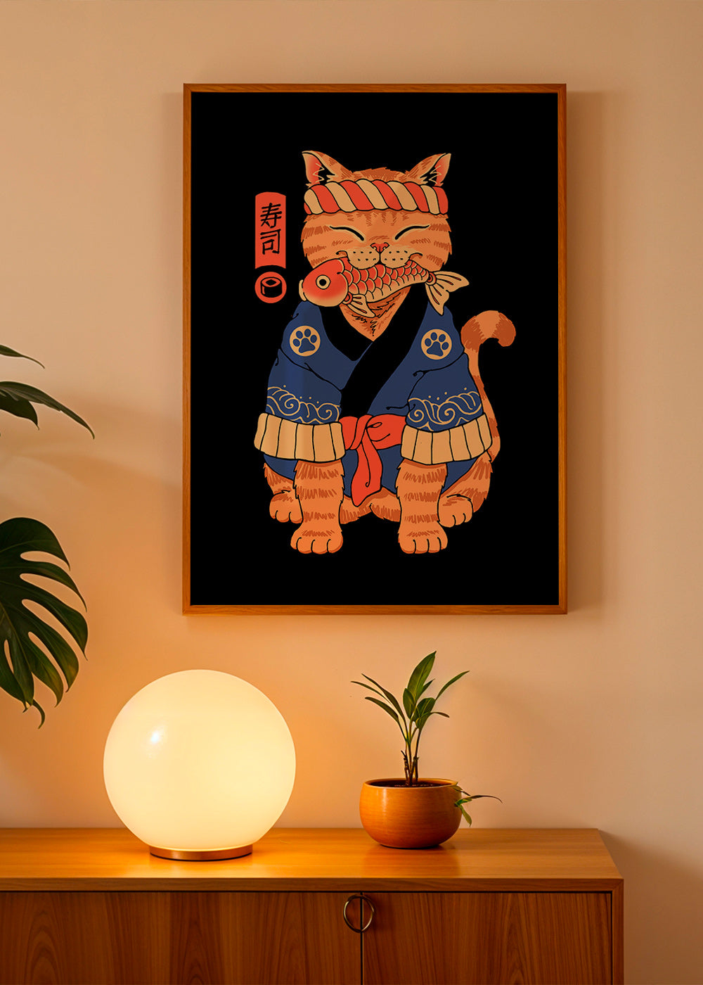 Konstverk: Japansk kattillustration med fisk – Product1