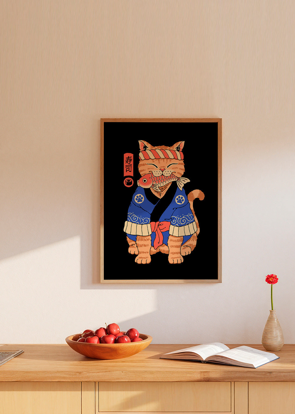 Konstverk: Japansk kattillustration med fisk – Product2
