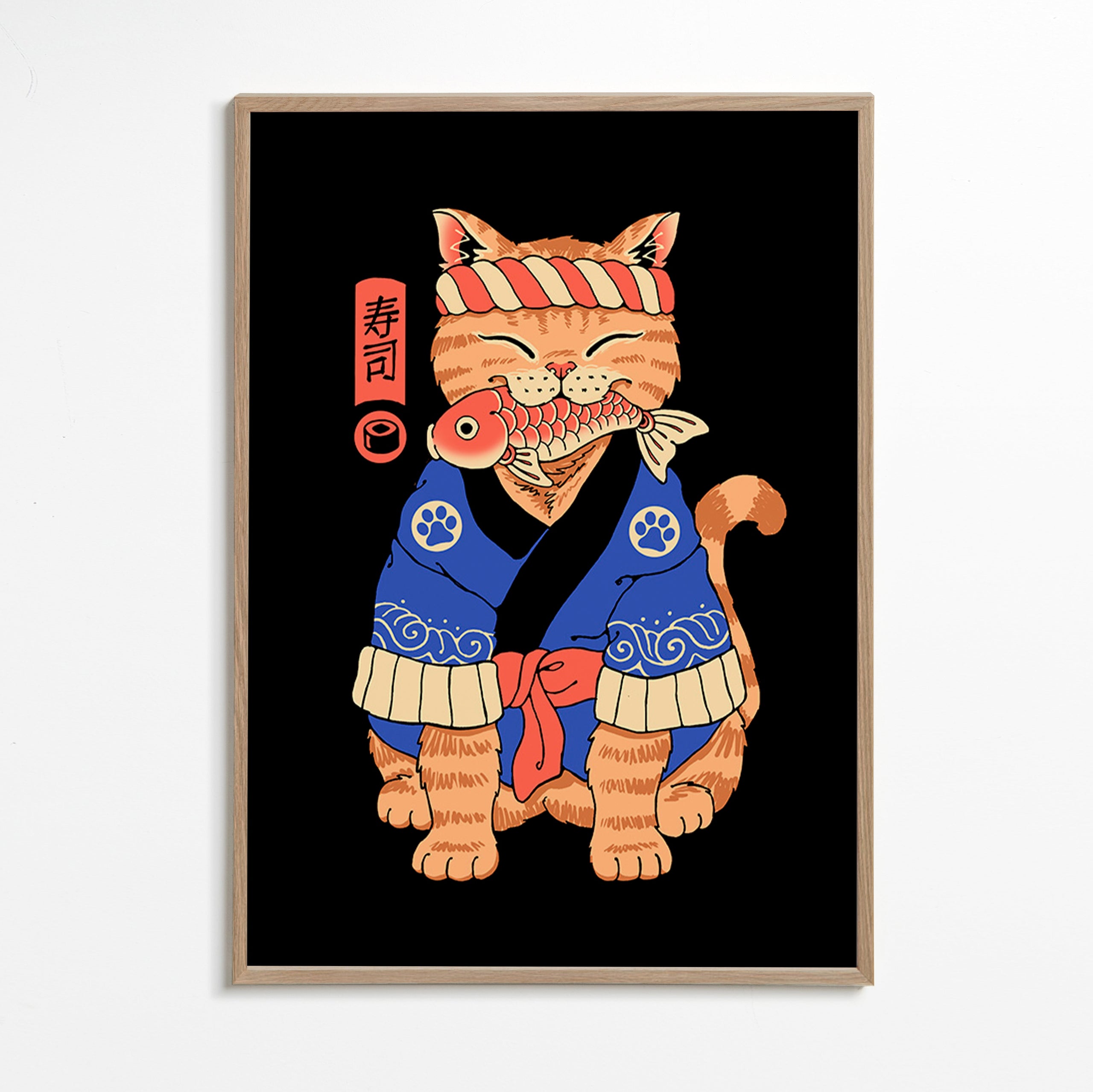 Konstverk: Japansk kattillustration med fisk – Oak Frame