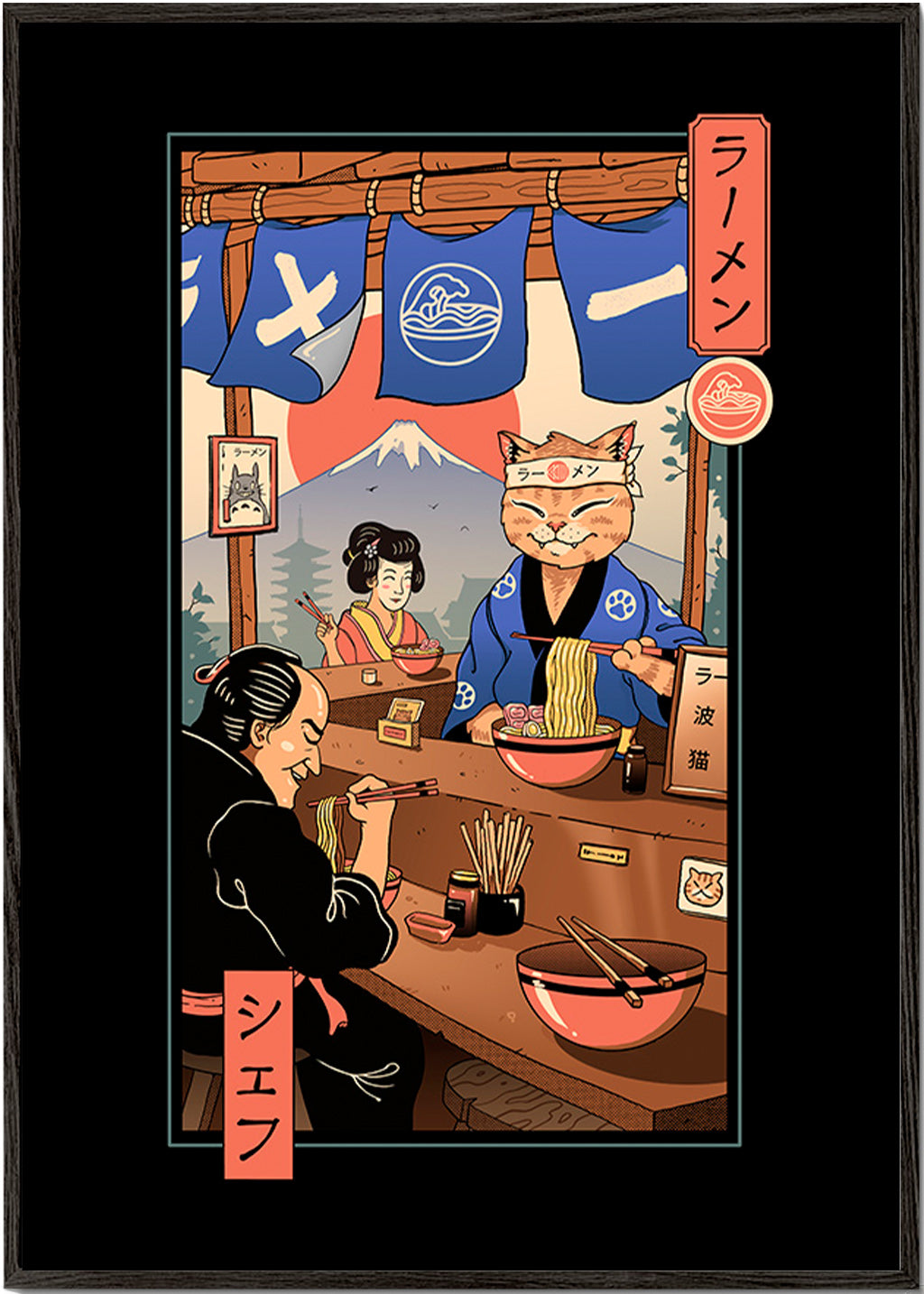 Kökskonst Ramen Meowster, illustrerad ramen-katt – Black Frame