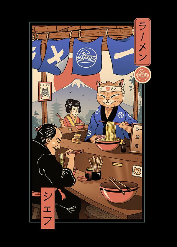 Kökskonst Ramen Meowster, illustrerad ramen-katt
