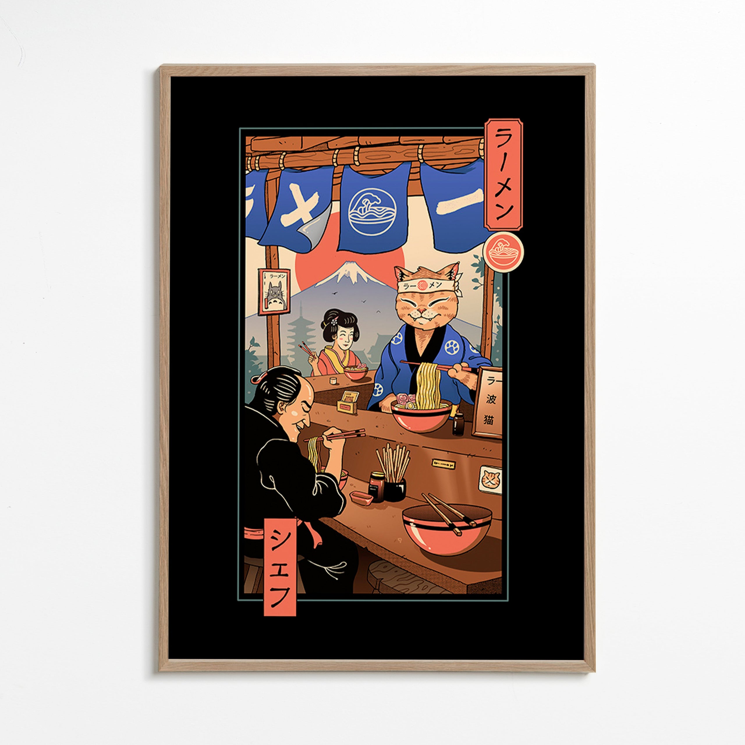 Kökskonst Ramen Meowster, illustrerad ramen-katt – Oak Frame