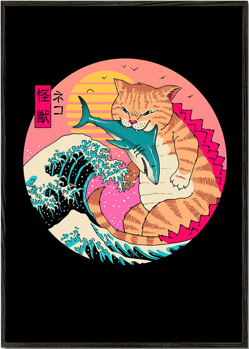 Kaiju-kattillustration med våg – Black Frame