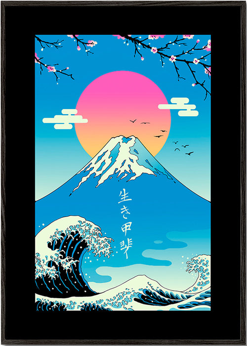 Japansk illustration av Mount Fuji med ikonisk våg – Black Frame