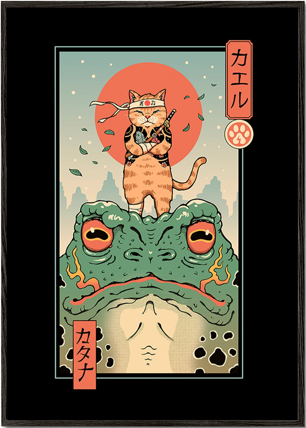 Konst samurai-katt på groda – Black Frame