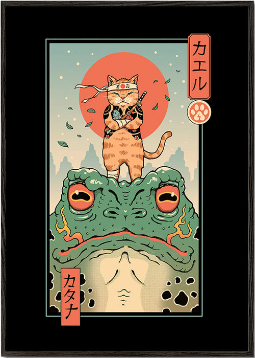 Konst samurai-katt på groda – Black Frame