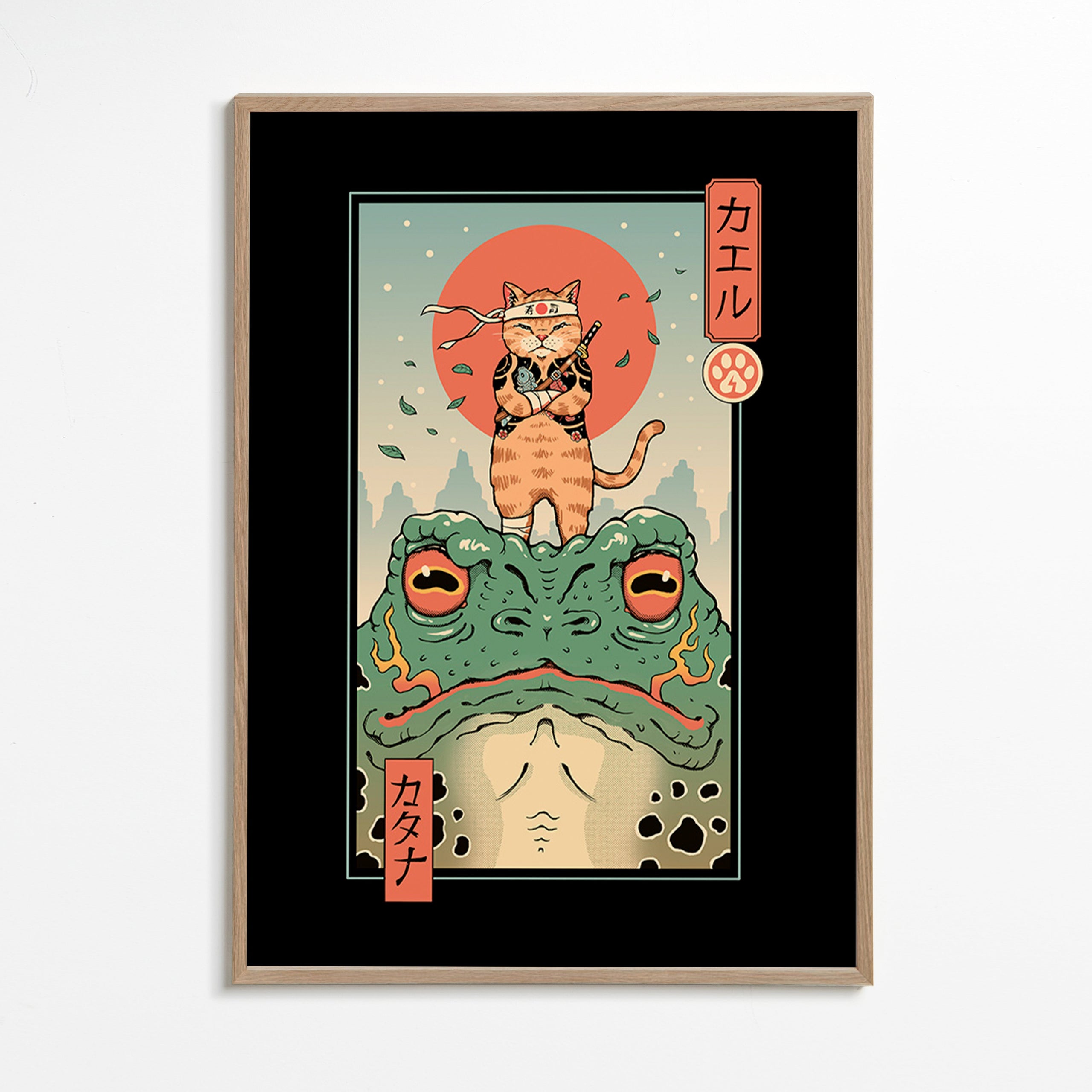 Konst samurai-katt på groda – Oak Frame