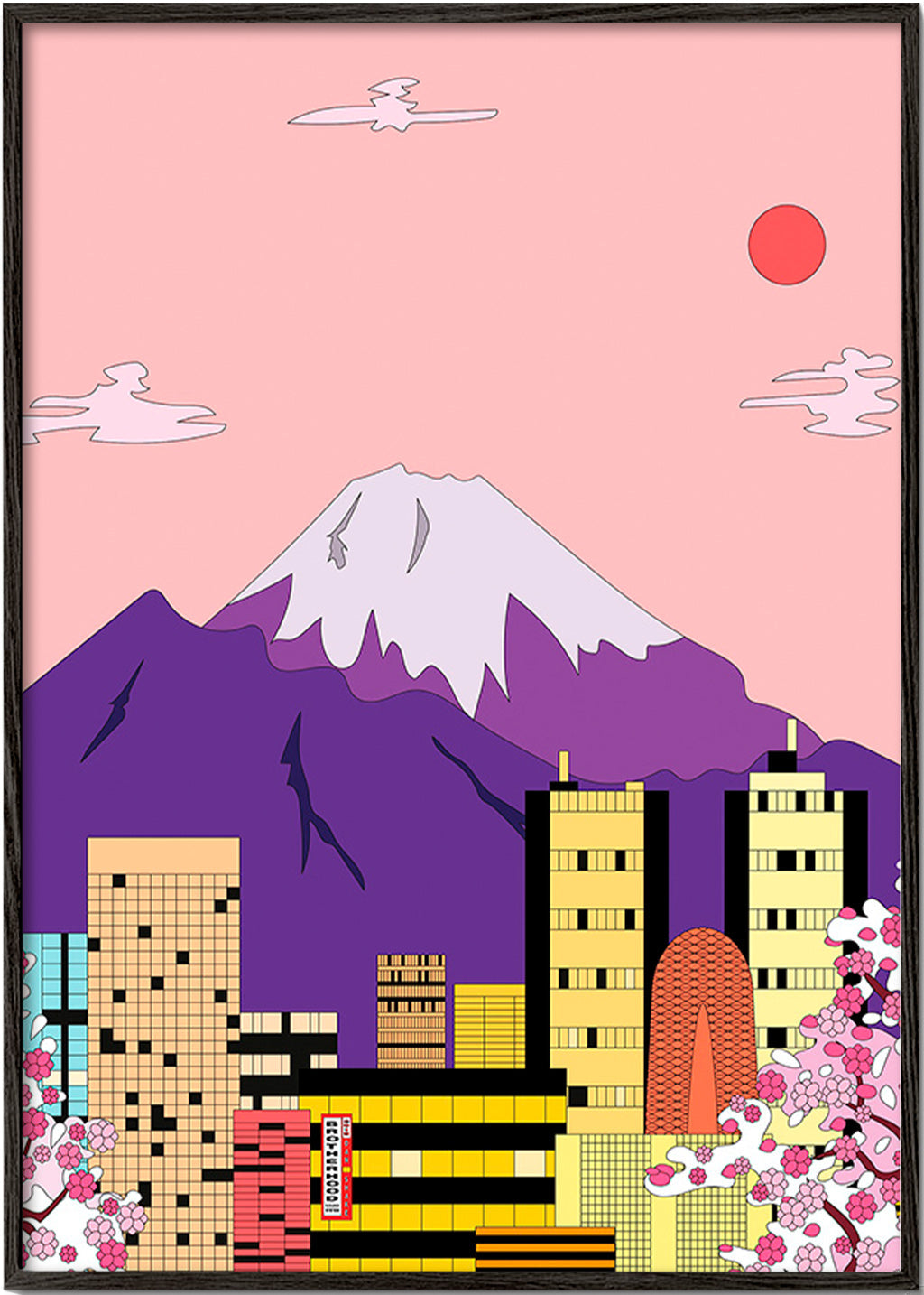Stadstavla Tokyo med Fuji och körsbärsblom – Black Frame