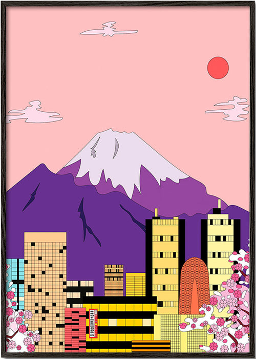 Stadstavla Tokyo med Fuji och körsbärsblom – Black Frame