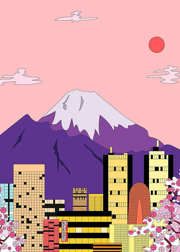 Stadstavla Tokyo med Fuji och körsbärsblom