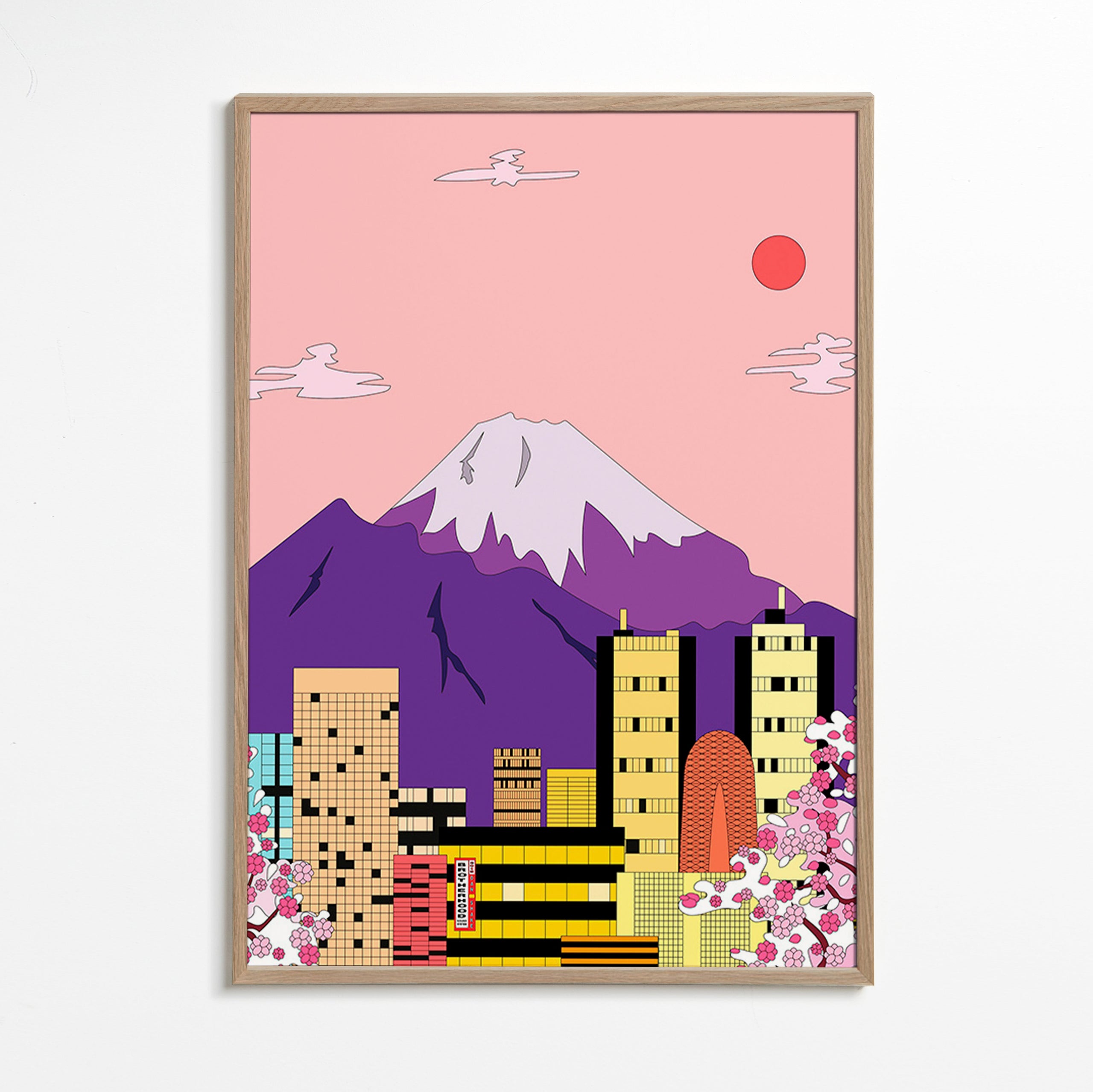 Stadstavla Tokyo med Fuji och körsbärsblom – Oak Frame